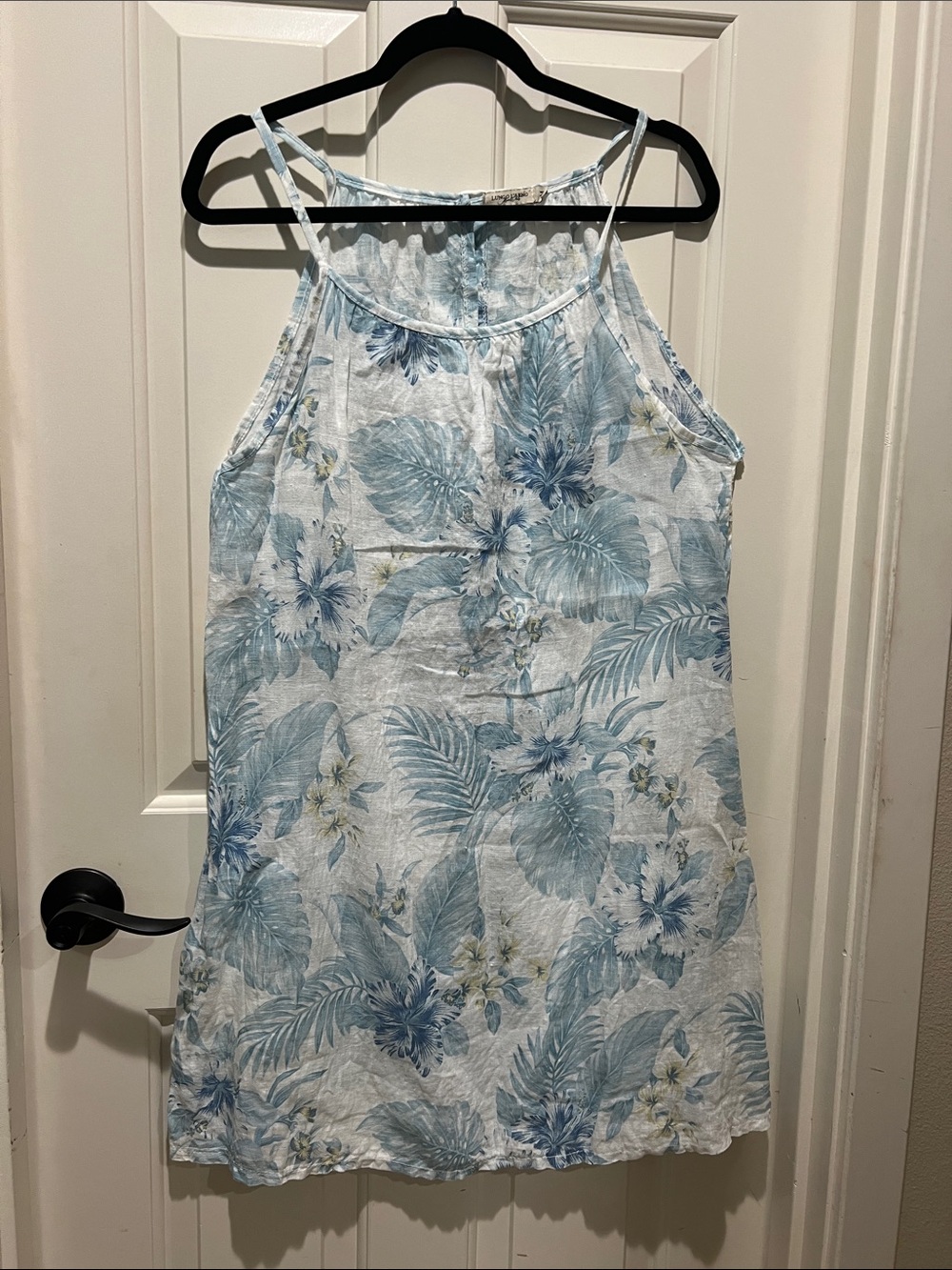 Lungo L'Arno Italy Blue White Tropical Floral Linen Halter Dress M